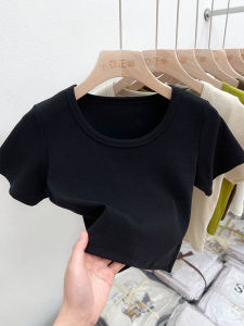 Slim Fit Short Sleeve round Neck T-Shirt Women Summer New Style Pure Color Bm Short Length Hot Girl Tight Top Slimming Effect