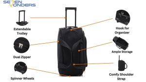 SE7EN VONDERS New Durable Polyurethane 2-Wheel Trolley Duffle Bag with Shoulder Strap and Extendable Handle - 19/23 Inch
