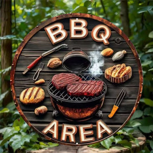 Vintage Inspired Round BBQ Area Metal Sign Grill Themed Outdoor Decor with Steak Tools Imagery Retro Bar Cafe Patio Accessory