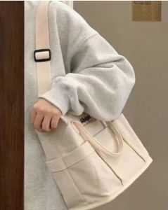 Korea Casual Large Canvas Shoulder Tote Bag Multi Pocket Storage Organizer Messenger Bag