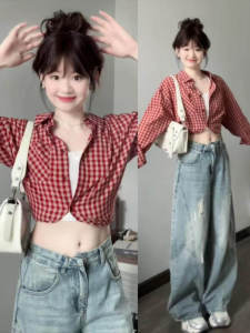 Áo Sơ Mi Kẻ Caro Màu Đỏ Phong Cách Hàn Quốc Vintage Cho Nữ Mùa Hè Dáng Rộng Chống Nắng Dài Tay Cổ Polo Thường Ngày