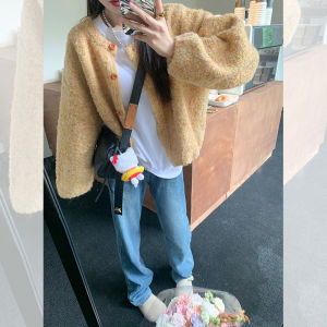 Yellow Knitted Loose Womens Sweater Cardigan Korean Style Early Autumn Trendy Wear Polyester Fiber Long Sleeve Low round Neck