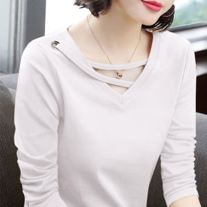 100% Pure Cotton V-neck Long Sleeves T-Shirt Womens Spring and Autumn New Arrival K-style Easiest for Match Loose Slimming Sense of Design Base Tops
