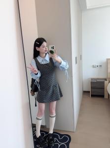 Autumn Plaid Polka Dot Dress And Blouse Set Womens Fashion College Style Clothing Short Sleeve Long Sleeve round Neck Polo Neck