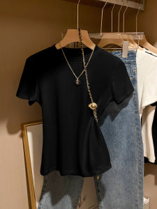 Black Short Sleeve round Neck T-Shirt Womens Slim Fit Korean Style Versatile Summer Top Gentle Simple Base Shirt Fazero