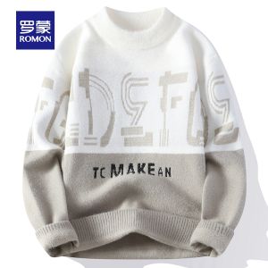 ROMON | Loomen Mens Knitted Sweater Thickened Warm Casual Loose Color Block Overhead Winter Fashion Polyester Nylon Blend Long Sleeve