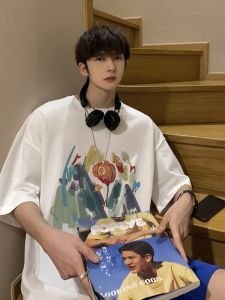Oversize Summer New Hong Kong Style Trendy Retro High Street Heavyweight Pure Cotton Short Sleeve Mens T-shirt Youth Fashion