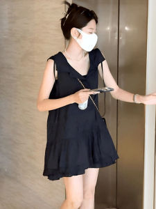 Váy Ngắn Không Tay Màu Đen Pháp Thường Ngày Cho Nữ Mùa Hè 2025 Váy Ngắn Dáng Chữ a Không Tay Dáng Rộng Che Bụng