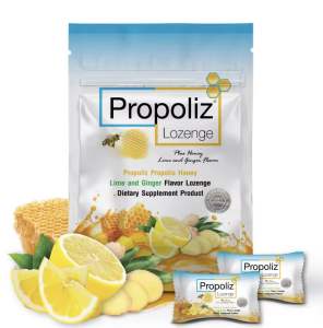 [1 ซอง] Propoliz Lozenge (ซองละ 8 เม็ด) เม็ดอมโพรโพลิซ รสมะนาว ขิง และน้ำผึ้ง ชุ่มคอ และสูตรใหม่ ผสมวิตามินซี VIT C 60mg