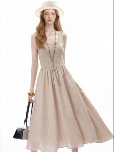 Khaki Summer Square Neck Knitted A-Line Dress