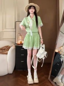 QINWEIYU | Green Plaid Shirt Dress Womens Summer High Waist Lace Short Skirt Miu Style College Fashion Sweet Japanese Style Cotton Blend