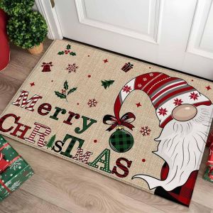VIKAMA Christmas Floor Mat Gnome Burlap Merry Christmas Snowflake Print Non Slip Rug For Entryway Hallway Living Room Decor