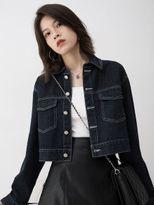 Street Style Loose Fit Denim Jacket Womens Short Shoulder-Length Sleeve Stitching Decoration Long Sleeve Polo Collar Single Button