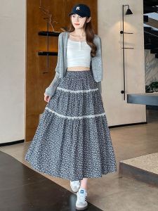 High Waist A-Line Mini Skirt Womens Summer Thin Lace Trim Splicing Long Skirt Puffy Cake Skirt Vintage Commute Style