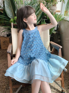 ชุดเดรสเด็กผู้หญิงสไตล์เจ้าหญิงฤดูร้อน 2025 ชุดเดรสผ้าไหมน้ำเงินแขนกุดสไตล์เกาหลีสำหรับเด็กวัย 3-16 ปี