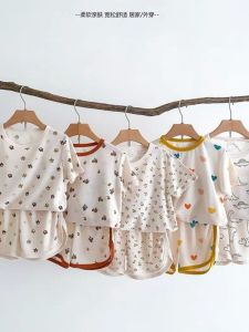 ชุดนอนผ้าไหมน้ำแข็งบางพิมพ์ลายฤดูร้อน 2024 ชุดนอนเด็กชายและเด็กหญิง แขนสั้น กางเกงขายาว ชุดนอนปรับอากาศ ชุดนอนผ้าฝ้าย