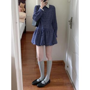 French Vintage Plaid Dress Womens Design Sense Waist Cinch Long Sleeve Flower Bud Short Skirt Early Spring Season A-Line Skirt