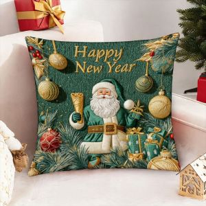 VIKAMA Christmas Pillow Cover Green Gold Xmas Tree Bauble Gift Print Cushion Case for Sofa Bedroom Home Decor