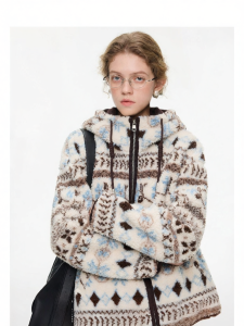 VEGA CHANG | Áo Khoác Mùa Đông Phong Cách Furry Fair Isle Thoải Mái Cho Nữ