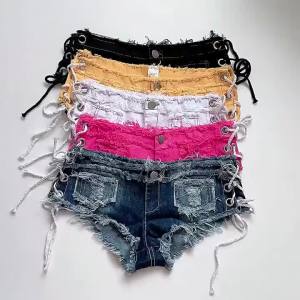 ali9 ใหม่  ฤดูร้อนแฟชั่นผู้หญิงฤดูร้อนกางเกงยีนส์ขาสั้นกางเกงยีนส์สาวร้อนบาร์ผู้หญิงเซ็กซี่เอวต่ำเชือกผูก