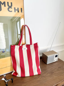 K-style Vertical Canvas Bag Stripes Large Capacity Shoulder Bag Minimalist Easiest for Match Computer Tote Bag Partysu Schoolbag
