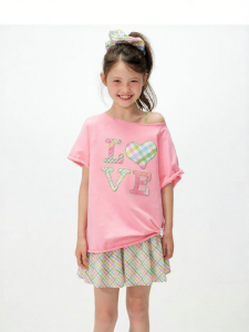 LOVESASAKIDS | Cute Pink Love Applique Wide Neckline Raw Edge Loose Tshirt