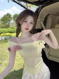 GUZILIAN | Sweet Spicy Shoulder Bared Knitted Top With 3D Flower Design For Women Short Style Pure Desire Summer Fashion Casual Commute