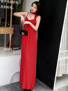 ชุดเดรสยาวคลุมเข่าผ้าชีฟองสีแดง ทรงเอ คอวี แขนกุด กระโปรงทรงเอ ช่วงฤดูร้อน 2022 ชุดนางฟ้า ชุดเดรสยาวคลุมเข่า