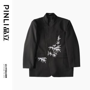 Pinli Spring 2024 New Casual Embroidered Stand Collar Mens Suit Standard Fit Polyester Lining Fashion Urban Style Spring Autumn Wear