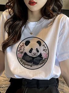 New Chinese Style Panda Trendy Cotton Short Sleeve Womens T-shirt Half Sleeve Summer Fashionable Top round Neck Regular Length