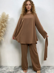 Muslim 2 Piece Set Women Abaya Dubai Long Sleeve Tops Wide Leg Pants Kaftan Pakistan Turkey Prayer Islamic Clothing Suit