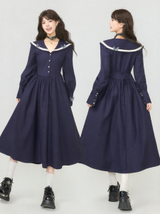 Keiko | French Style Lustrous Fabric Belted Naval Collar Dress
