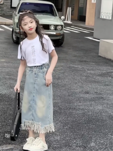 Balale Setelan Rok Cargo Anak Perempuan Impor Setelan Rok Denim Anak Perempuan Oneset Anak Cewek Atasan Lengan Pendek+Rok denim