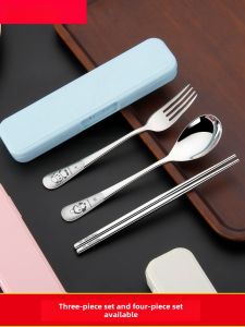 Portable Outdoor Dining Utensils Set Stainless Steel 304 Chopsticks Fork Spoon Four-Piece Set Cartoon Student One-Person Set