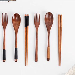 【Fast and Free Delivery】 ALLGOODS 3PCS Cutlery Portable Fork Chopsticks Spoon Set Tableware Long Handle Wooden Dinnerware Natural Japanese Handmade Utensils Sets