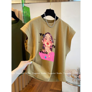 Retro American Sleeveless T-Shirt Womens Loose All-Match Summer Fashionable round Neck Cotton Cartoon Print Top