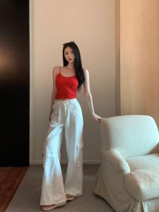 กางเกงยีนส์ทรงตรงเอวสูงสีขาว กางเกงขายาวทรงหลวมสไตล์อเมริกันสำหรับฤดูใบไม้ร่วงและฤดูหนาว กางเกงขายาวทรงขากว้างแบบลำลอง