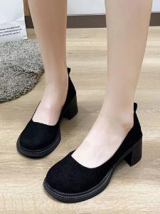 รองเท้าส้นสูงแบบฝรั่งเศสสำหรับผู้หญิง ส้นหนา หัวมน ทรงสวมสบาย พื้นยาง กันลื่น รองเท้าแฟชั่นฤดูใบไม้ผลิและฤดูใบไม้ร่วง