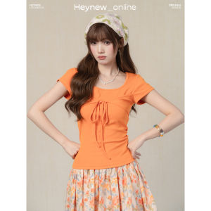 loveheynew | Áo Thun Cổ Vuông Có Nơ Màu Cam Ngọt Ngào