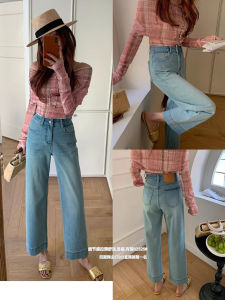 High-Waisted Loose-Fit Blue Denim Cuff Pants for Women Casual Washing Process Wide Straight Leg Tences Autumn Top Choices