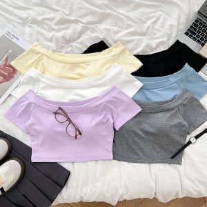 Fashionable Shoulder Bared One Shoulder Slimming Short Sleeve Belly Baring T Shirt Womens with Chest Pad Summer New Arrival