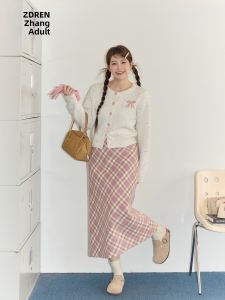 ZHANGDAREN | Áo Sweater Knit Ôm Body Phong Cách Ngọt Ngào & Mát Mẻ kèm Chân Váy Caro