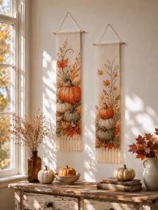 Rustic Fall Pumpkin Tapestry Autumn Maple Leaf Print Hanging Banner Farmhouse Home Wall Art Decor for Thanksgiving Harvest Party