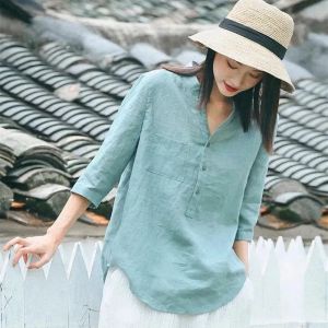 Luckin hàng hiệu cho phụ nữ Bông Áo Linen Tay áo 3/4 cổ chữ V áo có cúc mùa hè Áo cánh mới cỡ lỡn