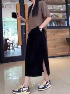 High Waist Black Asymmetrical Hem A-Line Skirt plus Size Womens Summer New Style Elastic Slimming Midi Skirt Korean Style