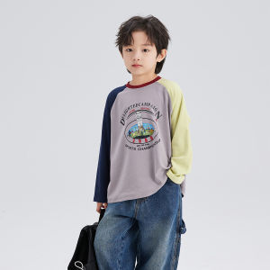 Autumn Fashion Childrens Long Sleeve Cartoon T-Shirt for Boys Pudding Haru Spring Autumn New Style Color Block Shoulder Insert