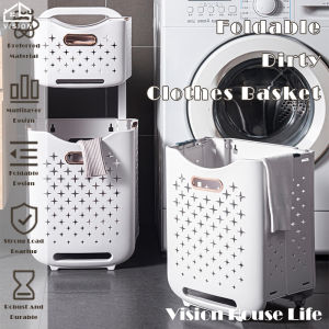 Vision 1/2 Layers Trolley Dirty Clothes Basket Household Foldable Dirty Clothes Basket Bathroom Multi-function Hollow Storage Basket Large Capacity Clothes Storage Organisers