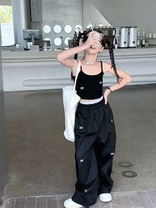 Cargo Pants For Kids Girls Four Seasons Wide Leg Trousers Baggy Pants High Quality Popular Pants Street Style Cool Girl Loose Pants 6 pockets Bow Design Loose and Comfortable Retro Style 130-160CM