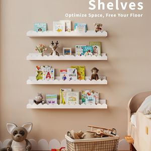 1PC White Wave Edge PVC Floating Wall Shelves Punch Mounted Storage Rack with Guardrail for Kids Room Bedroom Home Decor