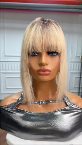 14 Inches Hair Topper for Women Blonde Ombre Hair Pieces Extensions With Bangs 100% Remy Human Hair Topper With Dark Brown Roots